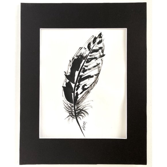 Feather Free Original Painting Ink on Rice Paper Matted 11x14in Frame Ready - Picture 4 of 5